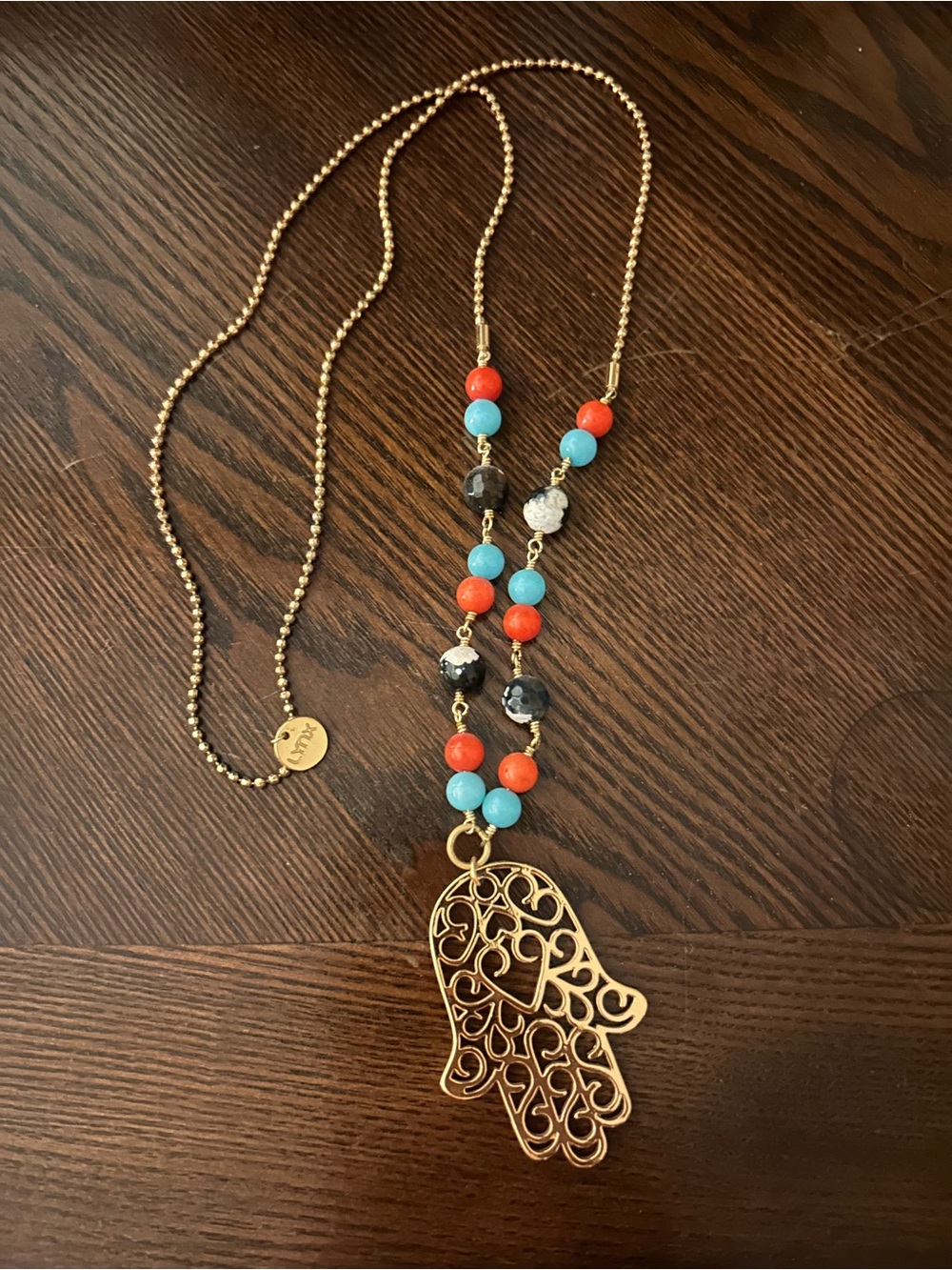 Handcrafted Gold plated Hamsa Necklace with Turquoise & Coral Beads